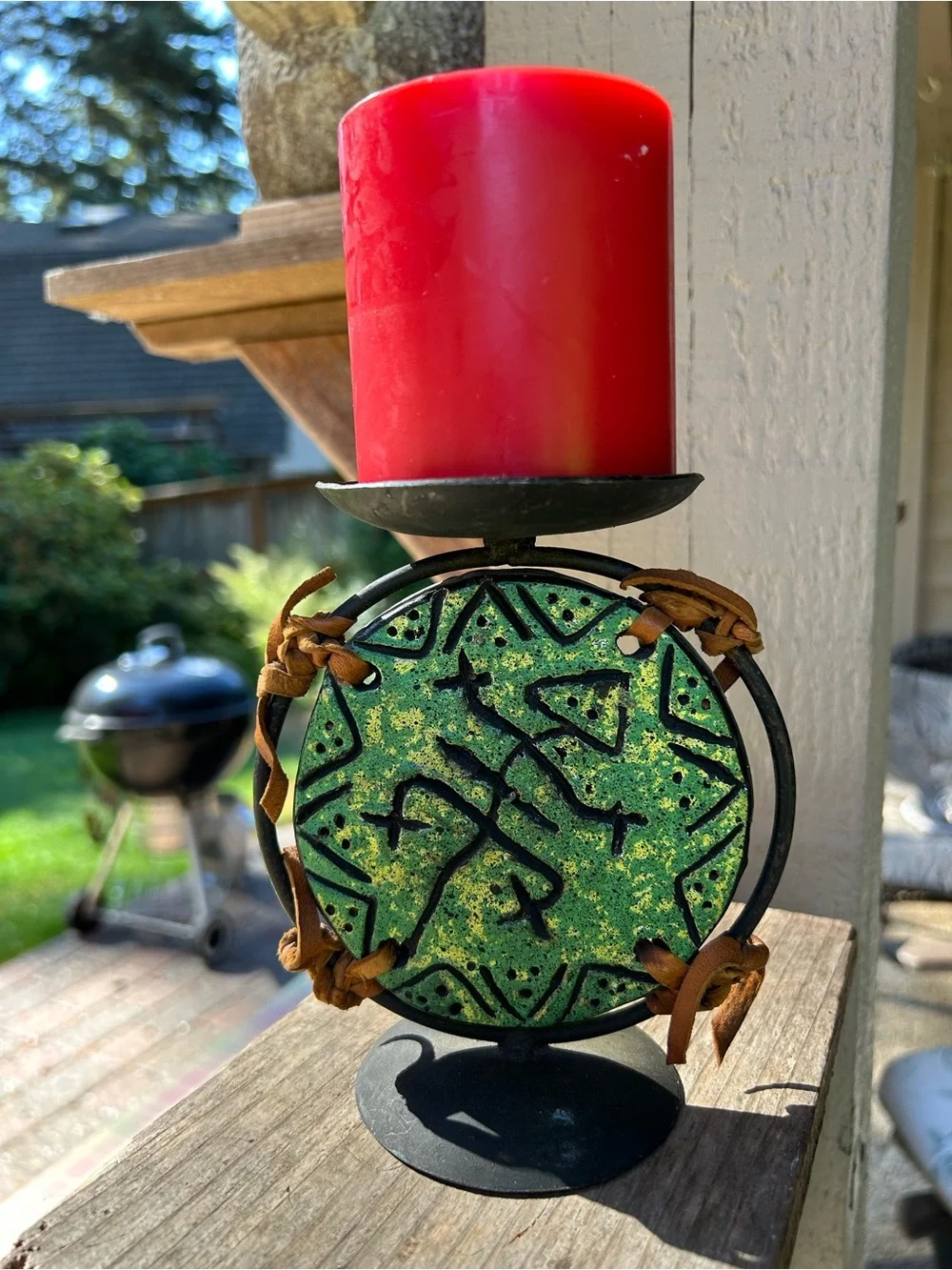 Rustic Green Mosaic Candle Holder with Red Pillar Decorative candleholder